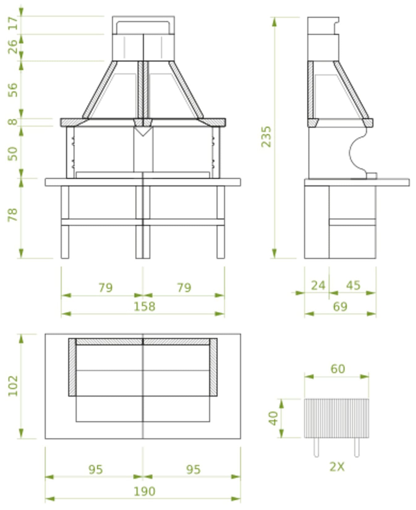Palazzetti in Giardino Patmos Barbecue Carbonelle Legna Struttura Cemento Refrattario Da Verniciare 2 Aree Grill Piano Fuoco Braciere Portalegna Sottocappe Metalliche Griglia Cottura Top Marmotech Rosso Incluso Kit Verniciatura e Montaggio 190x102 H235 cm