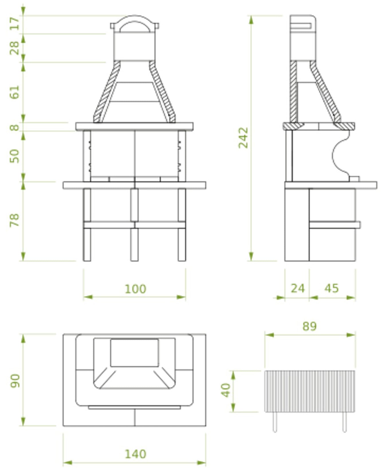 Palazzetti in Giardino Pianosa Barbecue Carbonelle Legna Struttura Cemento Refrattario Top Marmotech Grigio Da Verniciare Area Grill Piano Fuoco Braciere Portalegna Sottocappa Metallica Griglia Cottura Incluso Kit Verniciatura e Montaggio 140x90 H242 cm