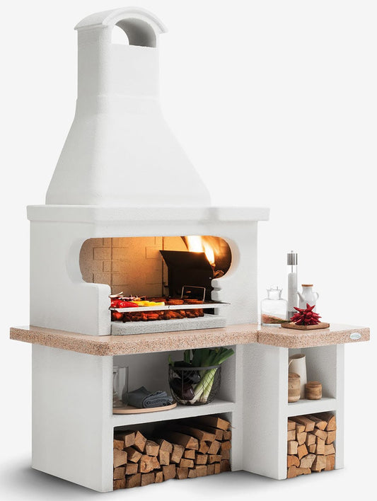 Palazzetti in Giardino Tropea 4 Barbecue Legna Carbonelle Cemento Refrattario Da Pitturare Braciere Laterale Portalegna Focolare Rinforzato Area Grill Cassetto Sottocappa Griglia Piano Lavoro Top Marmotech Incluso Kit Montaggio Verniciatura 158x119 H252cm