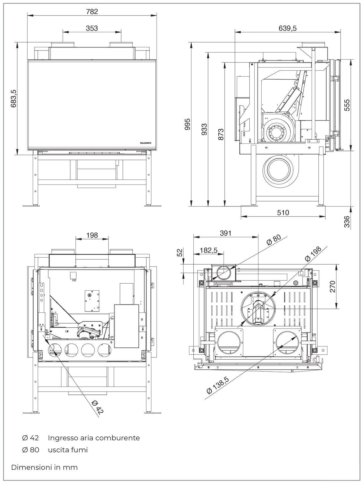 Palazzetti Inserto AC78 Focolare Pellet Aria Calda Ventilata Canalizzabile 12,5 Kw Inserimento Camino Porta Sistema Autobilanciante Coperchio Piedistallo Display Digitale Gestione Impostazioni Parametri Programma Fasce Orarie Sensore Livello 78x65x100 cm
