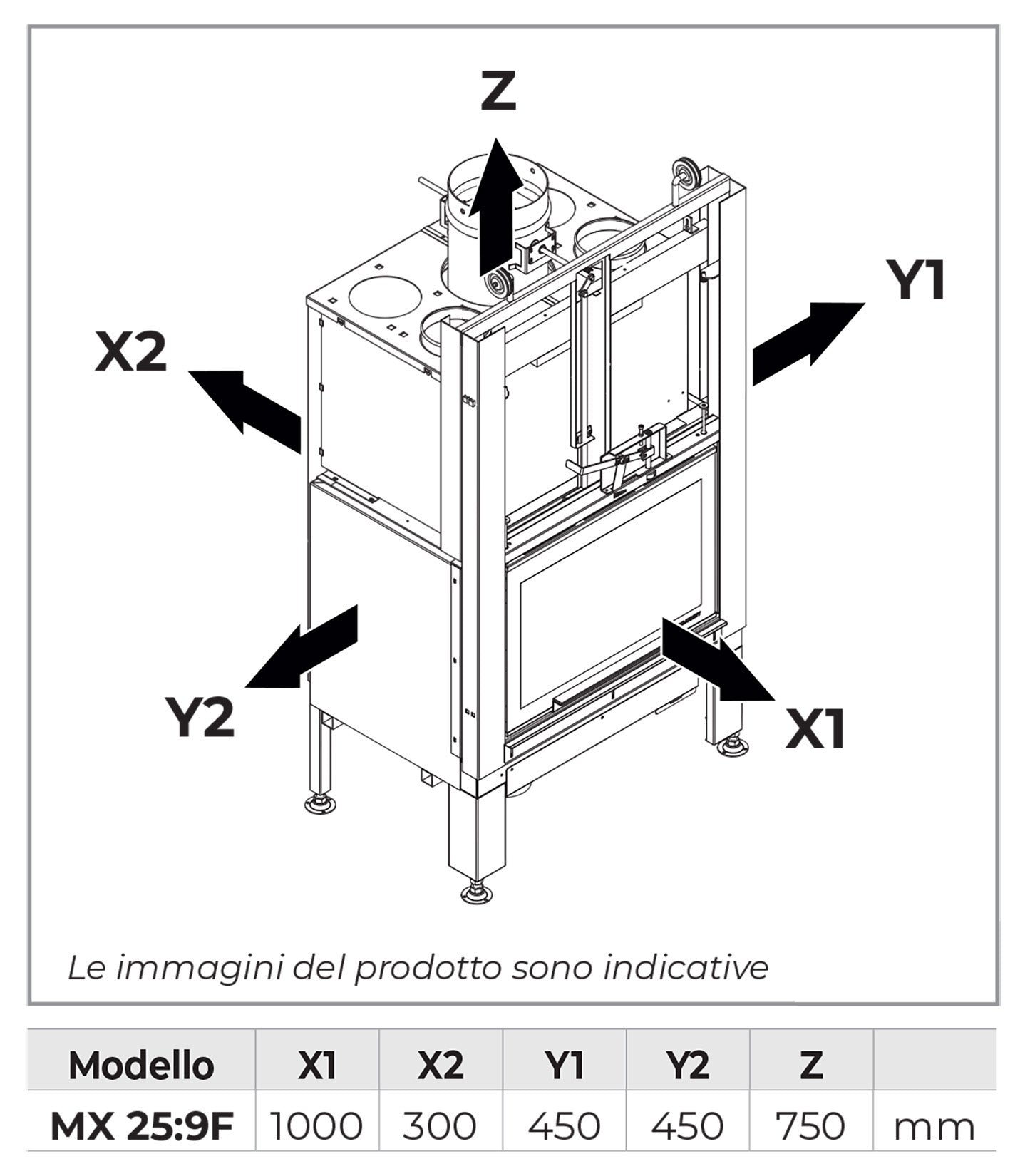Palazzetti Ecomonoblocco MX 25:9 F Frontale Camino Caminetto Legna Aria Calda Convezione Naturale Irraggiamento Canalizzabile 14,1 Kw Focolare Ghisa Refrattario Doppia Combustione Porta Vetro Ceramico Scorrevole Battente Portaceppi Bocchette 135x53x154 cm