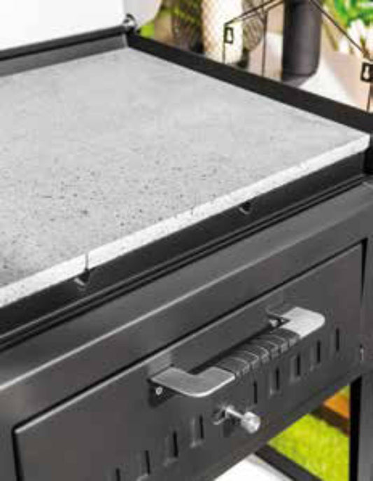 Palazzetti in Giardino Oreste Barbecue Work Station Outdoor Legna Carbonelle Acciaio Inox Nero Piastra Cottura Pietra Lavica Forno Interno Speciale Refrattario Thermofix Camera Combustione Termometro Portina Valvola Deviazione Flusso Fumi 170x83 H260 cm