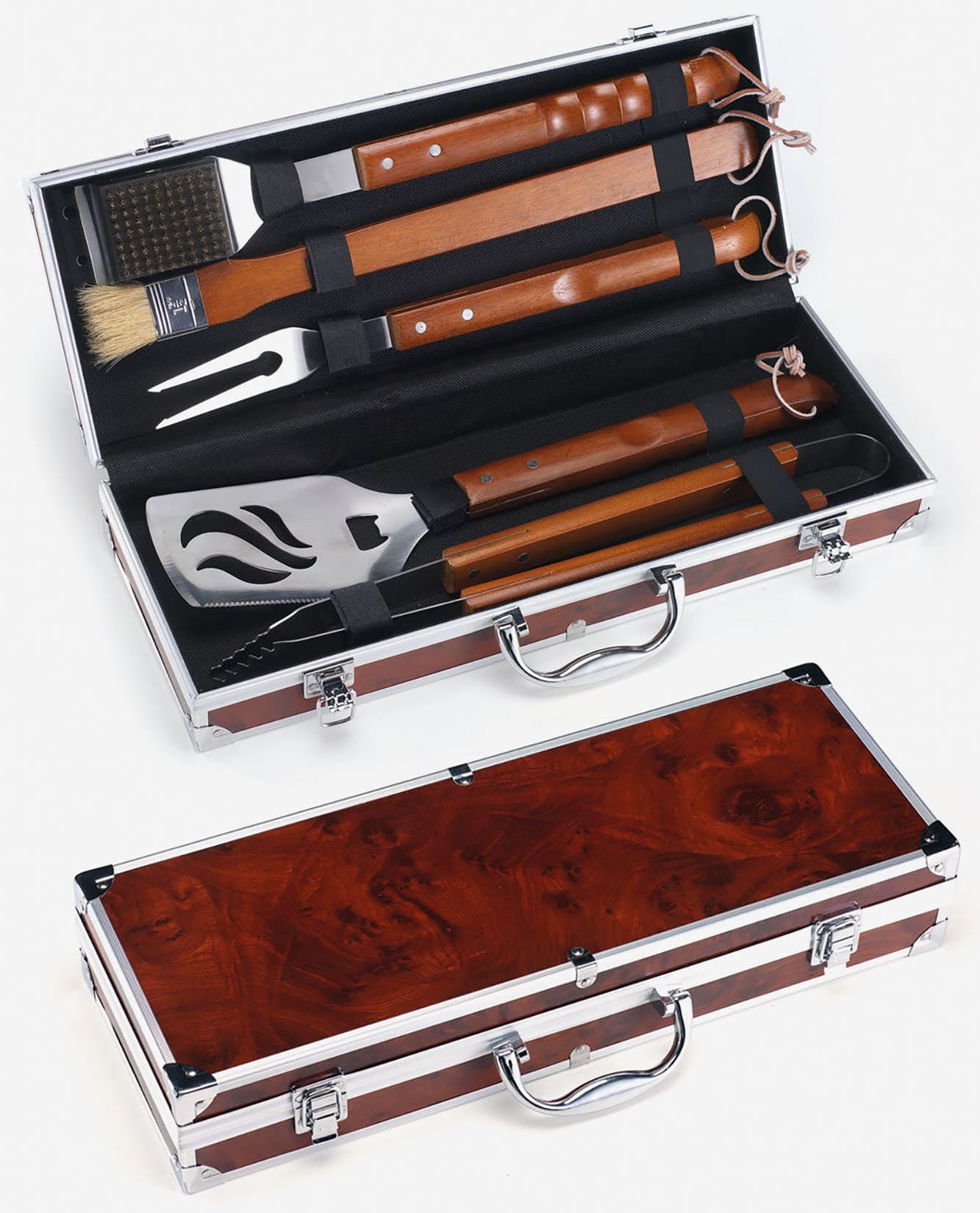 Palazzetti In Giardino Set Utensili Lux Acciaio Inox Manico Legno Massello Completo Accessori Specifici Cottura Racchiuso Elegante Valigetta Radica Comprende Pinze Pennello Condimenti Spatola Angolata Piatta Forchettone