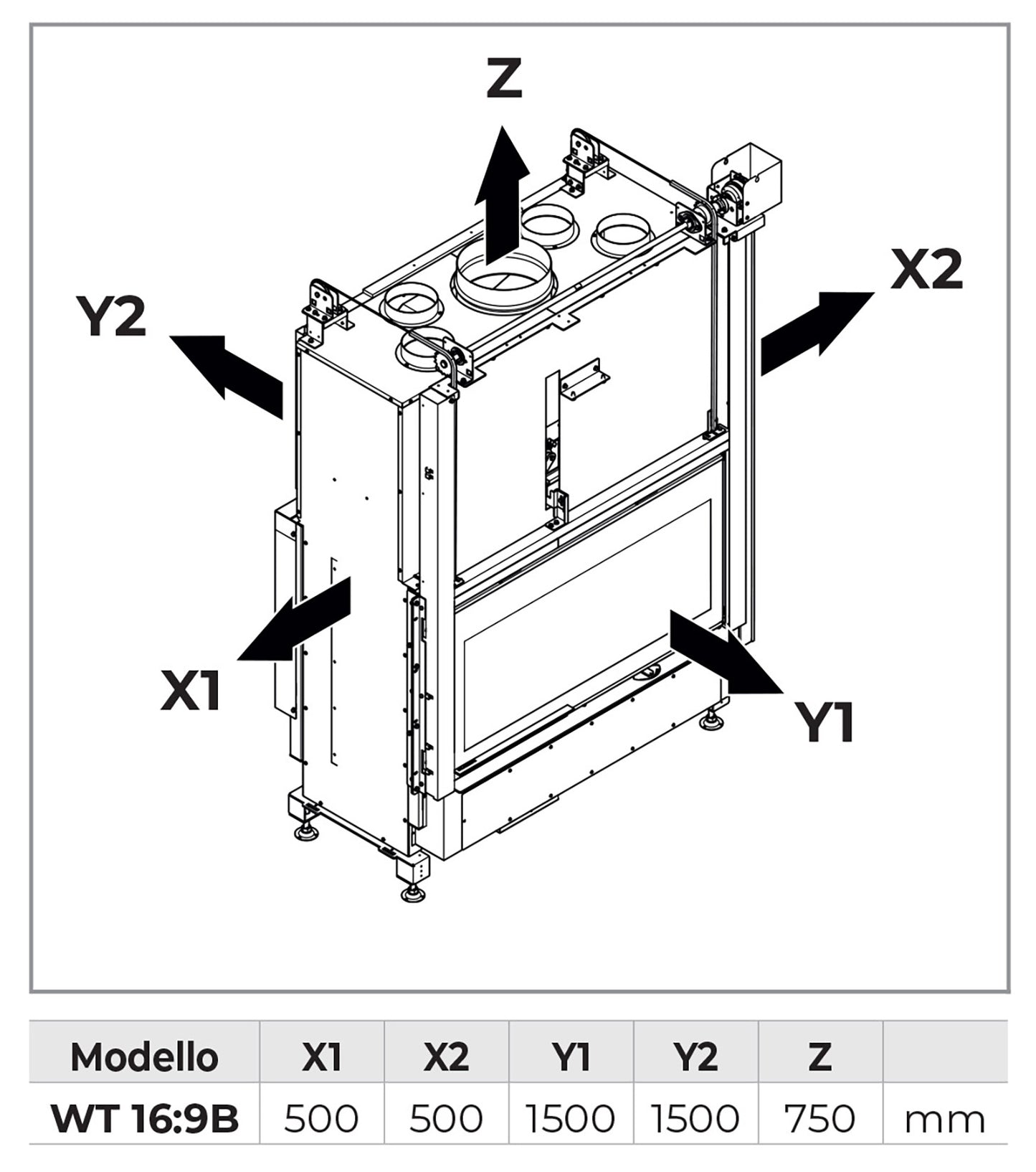 Palazzetti Ecomonoblocco WT 16:9B V13 Camino Caminetto Legna Aria Calda Convezione Ventilata Canalizzata Potenza 13,5 Kw Bifacciale Focolare Refrattario Thermofix® Anta Scorrevole Cassetto Cenere Valvola By-Pass O2Ring Portalegna Ghisa 125x65x171 cm