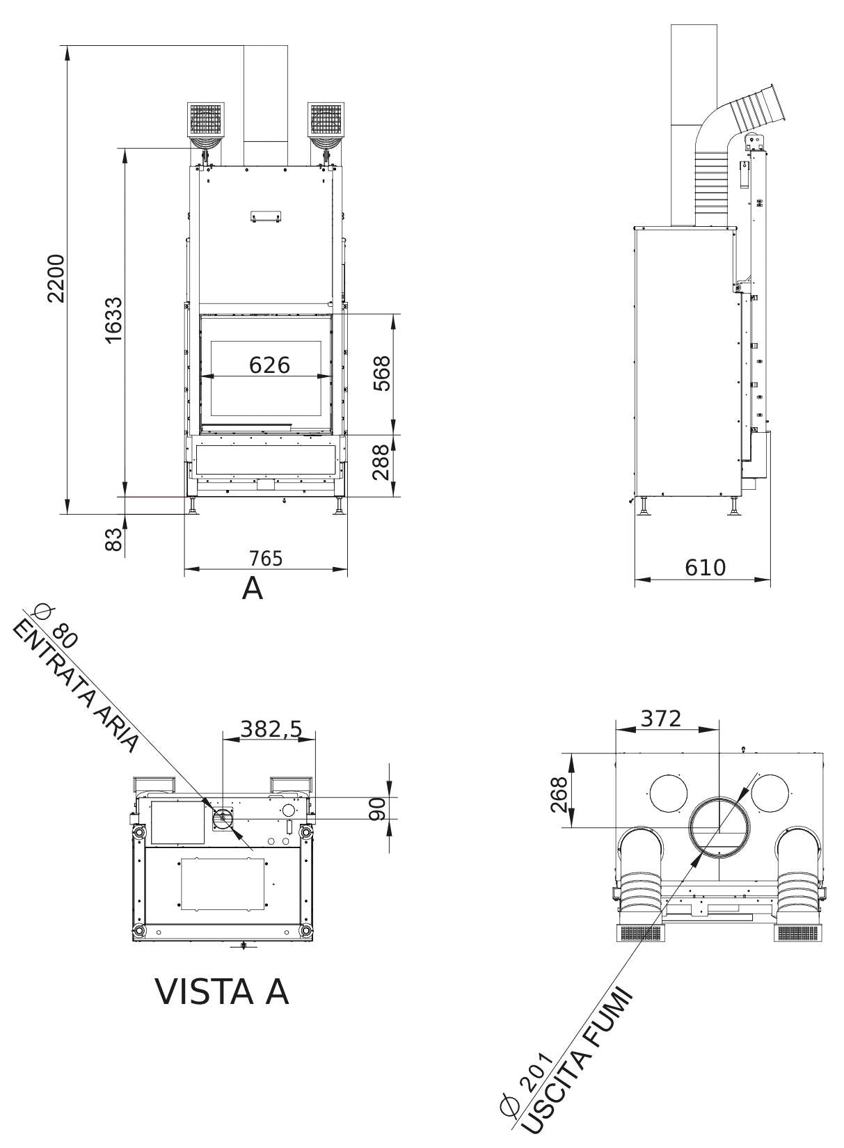 Palazzetti Ecomonoblocco WTX 70F N15 Frontale Camino Legna Riscalda Aria Calda Convezione Naturale Irraggiamento Canalizzabile Potenza 14,7 Kw Focolare Refrattario Thermofix® Anta Scorrevole Vetro Ribalta Bocchette Prolunga Cassetto Cenere L77xP61xH171 cm