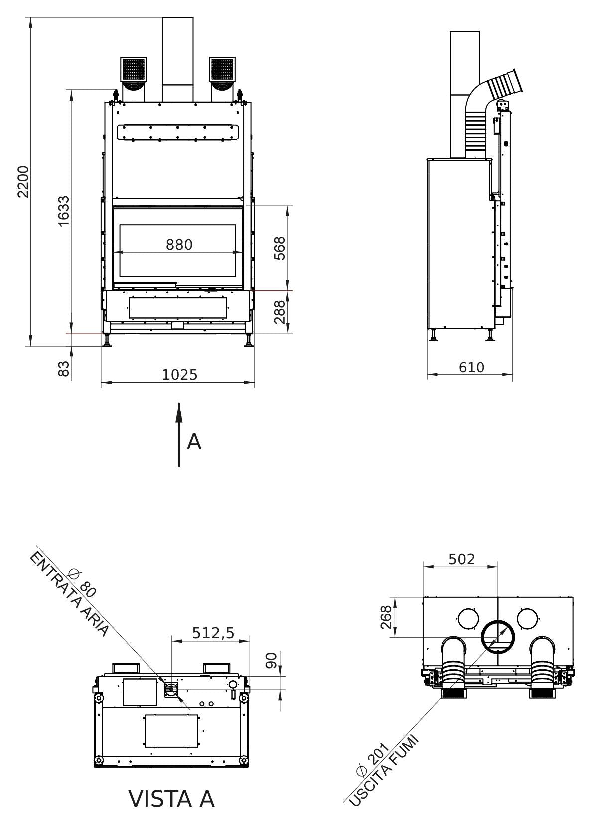 Palazzetti Ecomonoblocco WTX 90F N19 Frontale Camino Legna Riscalda Aria Calda Convezione Naturale Irraggiamento Canalizzabile Potenza 19,1 Kw Focolare Refrattario Thermofix® Anta Scorrevole Vetro Ribalta Bocchette Prolunga Cassetto Cenere L103xP61xH172cm