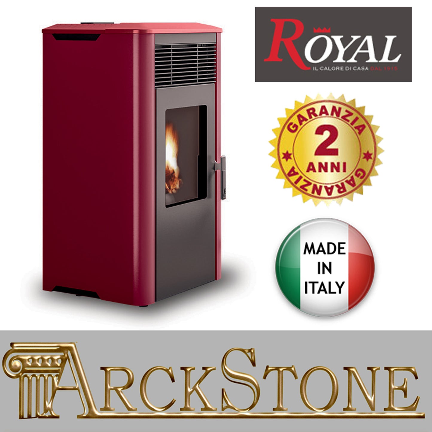 Stufa Pellet Aria Ventilata Marca Royal Palazzetti Ilena Air 60 Rosso 6,7 Kw Economica Braciere Ghisa Alto Spessore Focolare Calore Ampio Cassetto Cenere Estraibile Rivestimento Acciaio Top Ceramica Display Comandi Sfioramento Orario Canalizzabile Esterna