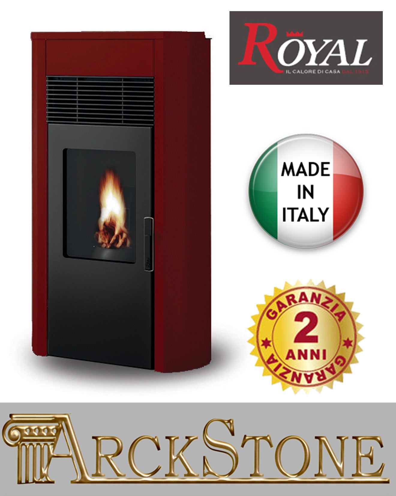 Stufa Pellet Aria Calda Ventilata Royal Palazzetti Roberta Air 80 Rosso 9,3 Kw Economica Braciere Ghisa Focolare Calore Ampio Cassetto Cenere Estraibile Rivestimento Acciaio Top Ceramica Display Comandi Sfioramento Orario Canalizzabile Esterno Pulizia