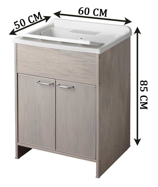 Negrari Garden Kit Montaggio Mobile Lavatoio Lavapanni Casa Marca Misura L60P50H85 60x50 H85 CM Effetto Legno Rovere Lavanderia Bagno Antine Sportelli Battente Interno Esterno Maniglie Vasca Asse Lavaggio Lavabo Plastica Resina PVC Sifone Resistente Acqua
