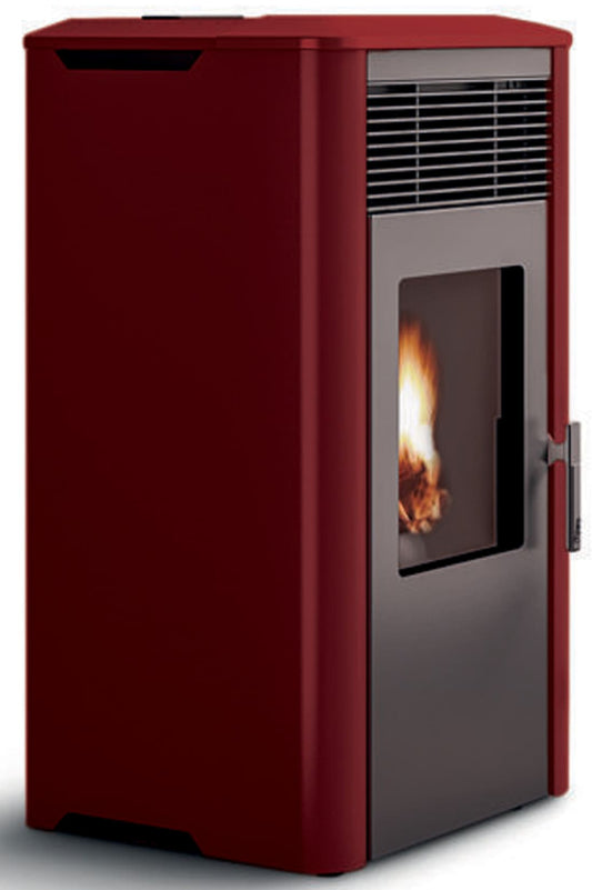 Royal Palazzetti Ilena E Air 80 Rivestimento Acciaio Top Ceramica Colore Rosso Bordeaux Potenza 8,6 Kw Stufa Pellet Aria Ventilata Ermetica Uscita Fumi Posteriore Canalizzazione Aria Comburente Comandi Sfioro Programma Digitale Braciere Ghisa Cassetto