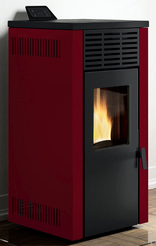 Royal Palazzetti Jada 10 Rivestimento Acciaio Colore Rosso Potenza 10Kw Stufa Pellet Aria Calda Ventilata Uscita Fumi Posteriore Canalizza Aria Comburente Esterno Display Comandi Sfioramento Programmatore Digitale Braciere Ghisa Cassetto Cenere Estraibile