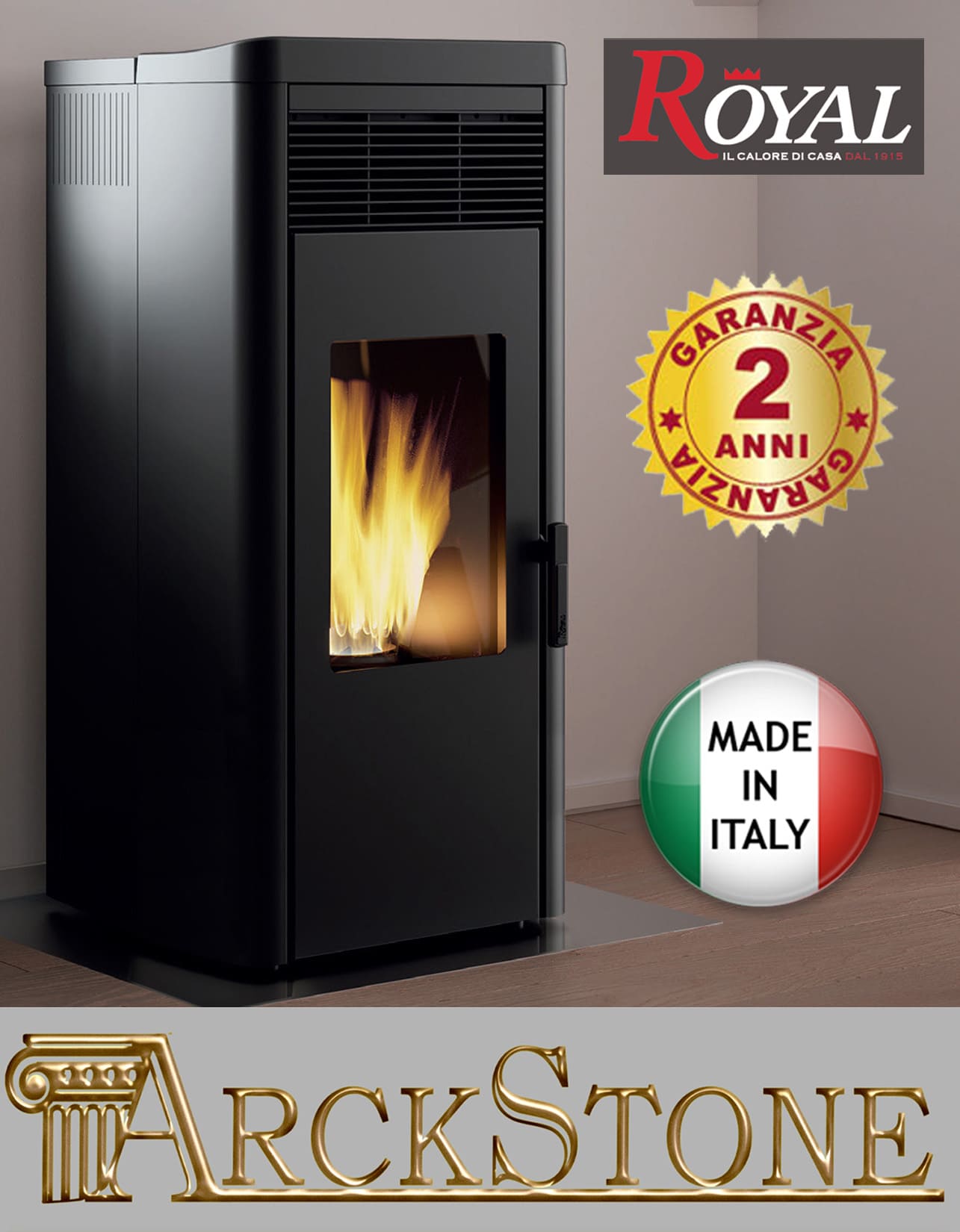 Royal Palazzetti Lea Air 90 Rivestimento Acciaio Top Ceramica Colore Nero Potenza 9 Kw Stufa Pellet Aria Ventilata Canalizzabile Uscita Fumi Posteriore Canalizzazione Aria Comburente Esterno Display Sfioro Programma Fasce Orarie Cassetto Braciere Ghisa