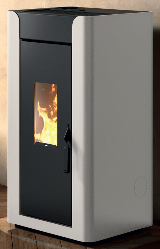 Royal Palazzetti Alida Air 120 Stufa Pellet Aria Ventilata Canalizzata Potenza 11,9 Kw Rivestimento Acciaio Colore Bianco Uscita Fumi Posteriore Maniglia Antiscottatura Canalizza Aria Comburente Esterno Display Sfioro Programma Orario Cassetto Braciere