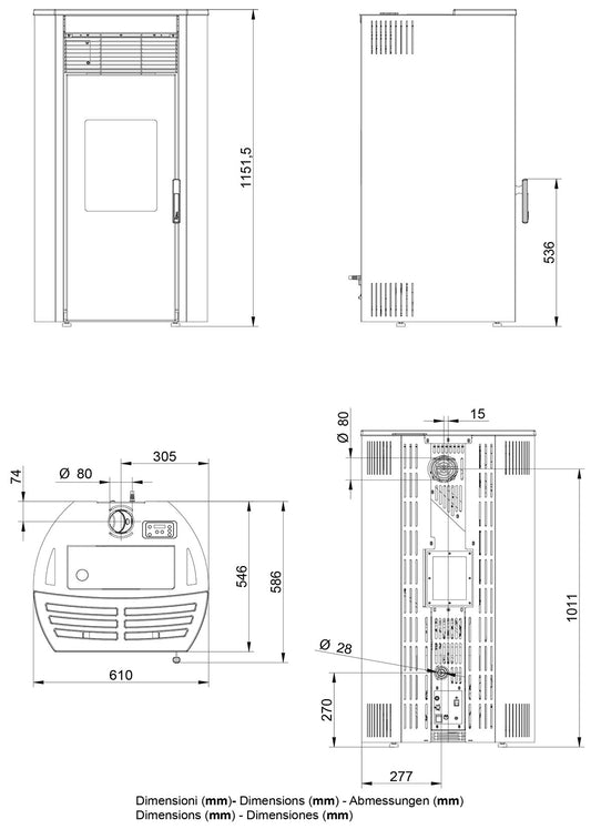 Royal Roberta Air 120 Us Stufa Pellet Aria Calda Ventilata Regolabile 12,3 Kw Acciaio Rosso Bordeaux Forma Arrotondata Uscita Superiore Top Ceramica Display Digitale Comandi Sfioro Gestione Fasce Orarie Braciere Cassetto Pulizia Manutenzione Semplificata
