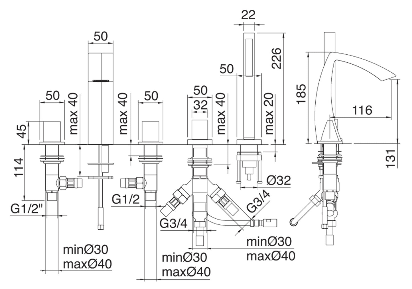Batteria Bordo Vasca 5 Fori Rubinetterie Treemme Arche' Con Doccetta Estraibile Materiale Ottone Finitura Cromata