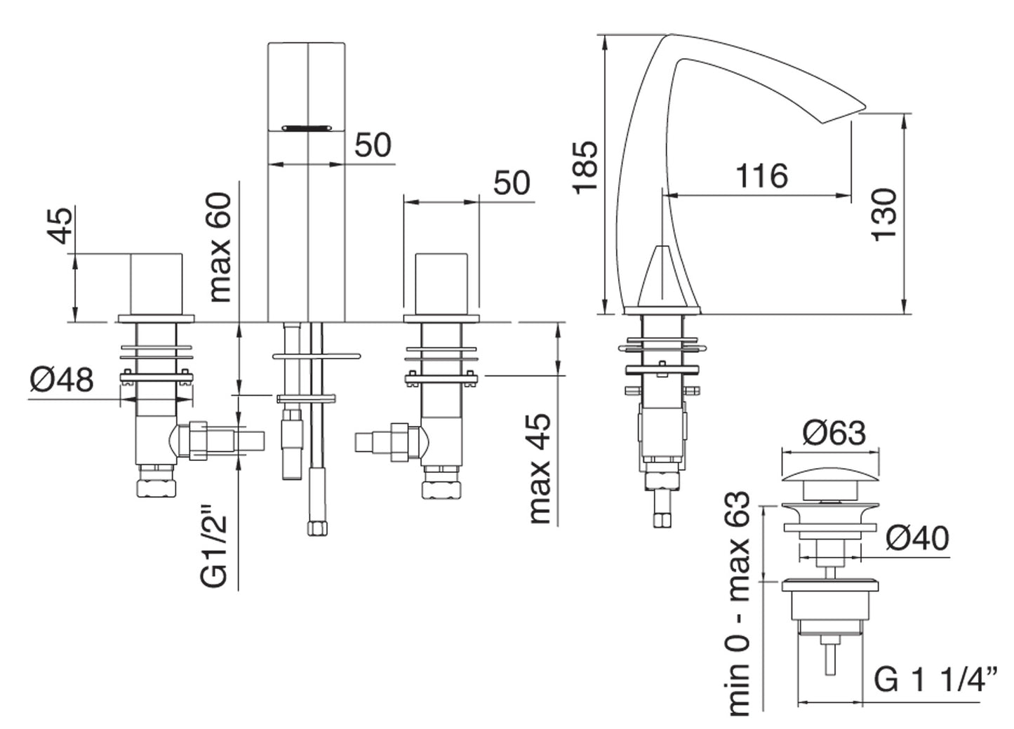 Batteria Miscelatore Lavabo Rubinetterie Treemme Arche' Compreso di Piletta di Scarico Click - Clack 3 Fori Appoggio Materiale Ottone Finitura Cromata