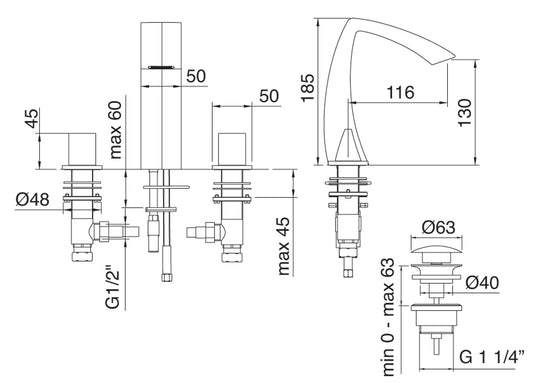 Batteria Miscelatore Lavabo Rubinetterie Treemme Arche' Compreso di Piletta di Scarico Click - Clack 3 Fori Appoggio Materiale Ottone Finitura Cromata