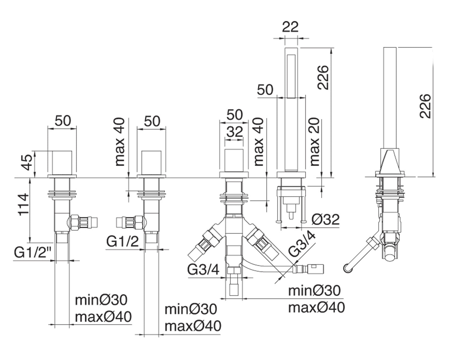Batteria Bordo Vasca Rubinetterie Treemme Arche' Con Doccetta Estraibile Senza Bocca Materiale Ottone Finitura Cromata