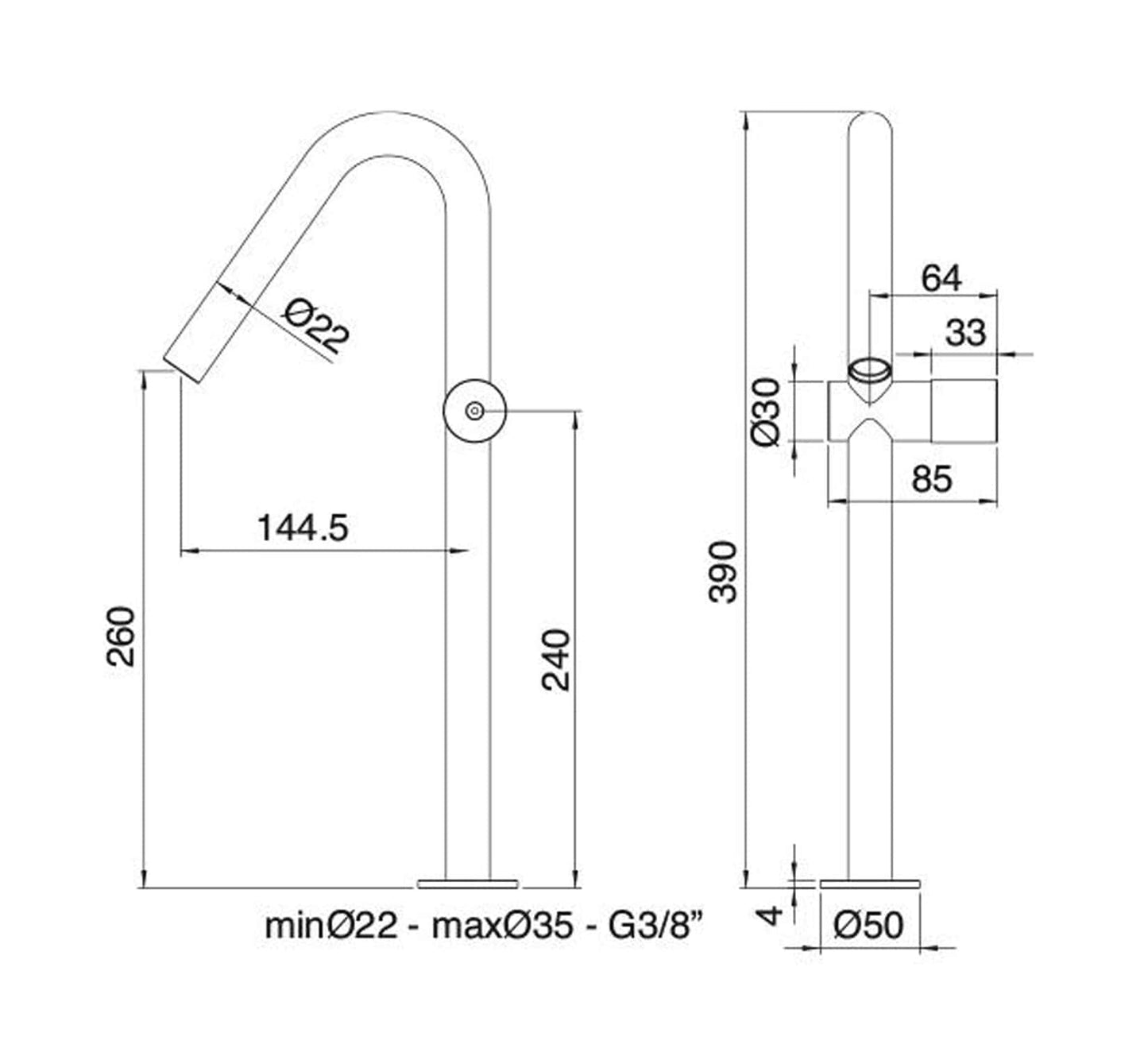 Rubinetterie Treemme 3M 22MM IT 1118 IS 2H ZZ Miscelatore Monocomando Monoforo Appoggio Lavabo 260 mm Senza Piletta di Scarico Altezza 390 mm Stile Moderno Materiale Acciaio Finitura Acciaio Spazzolato Opaco Inox