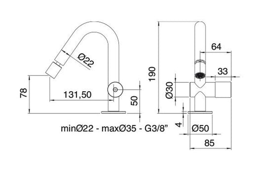 Rubinetterie Treemme 3M 22MM IT 1122 IS 2H ZZ Miscelatore Monoforo Monocomando Bidet Appoggio Con Areatore Orientabile Senza Piletta Di Scarico Stile Moderno Materiale Acciaio Finitura Acciaio Spazzolato Opaco Inox