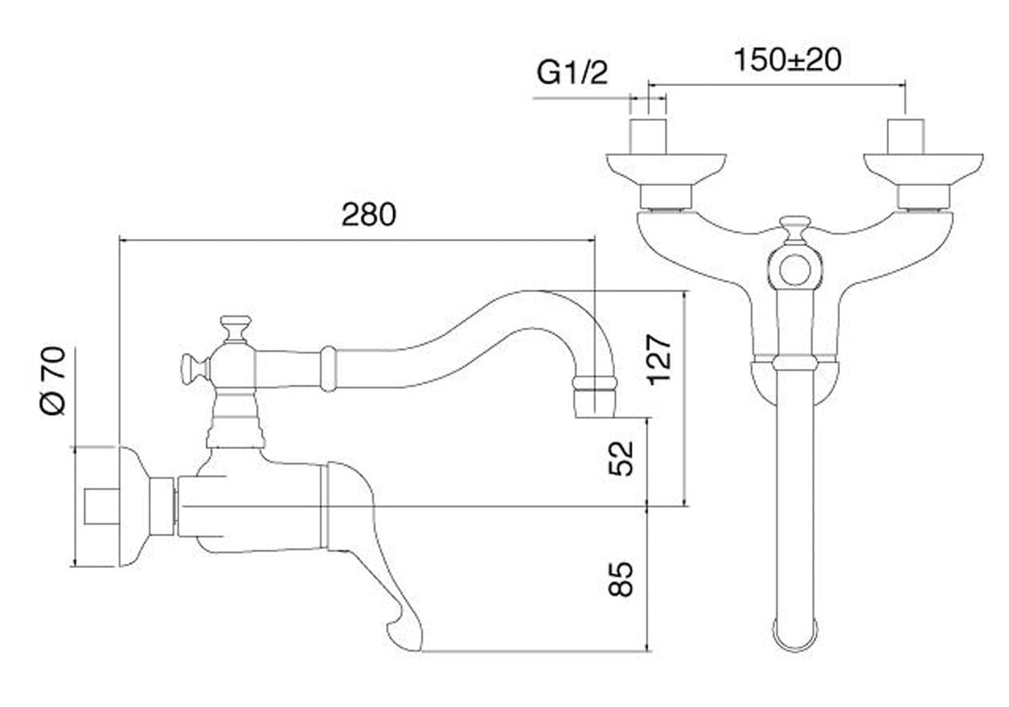 Rubinetterie Treemme KITCHEN - RETRO' Miscelatore Monocomando Lavello Cucina A Parete 2 Fori Stile Classico Con Bocca Girevole Materiale Ottone Finitura Cromata