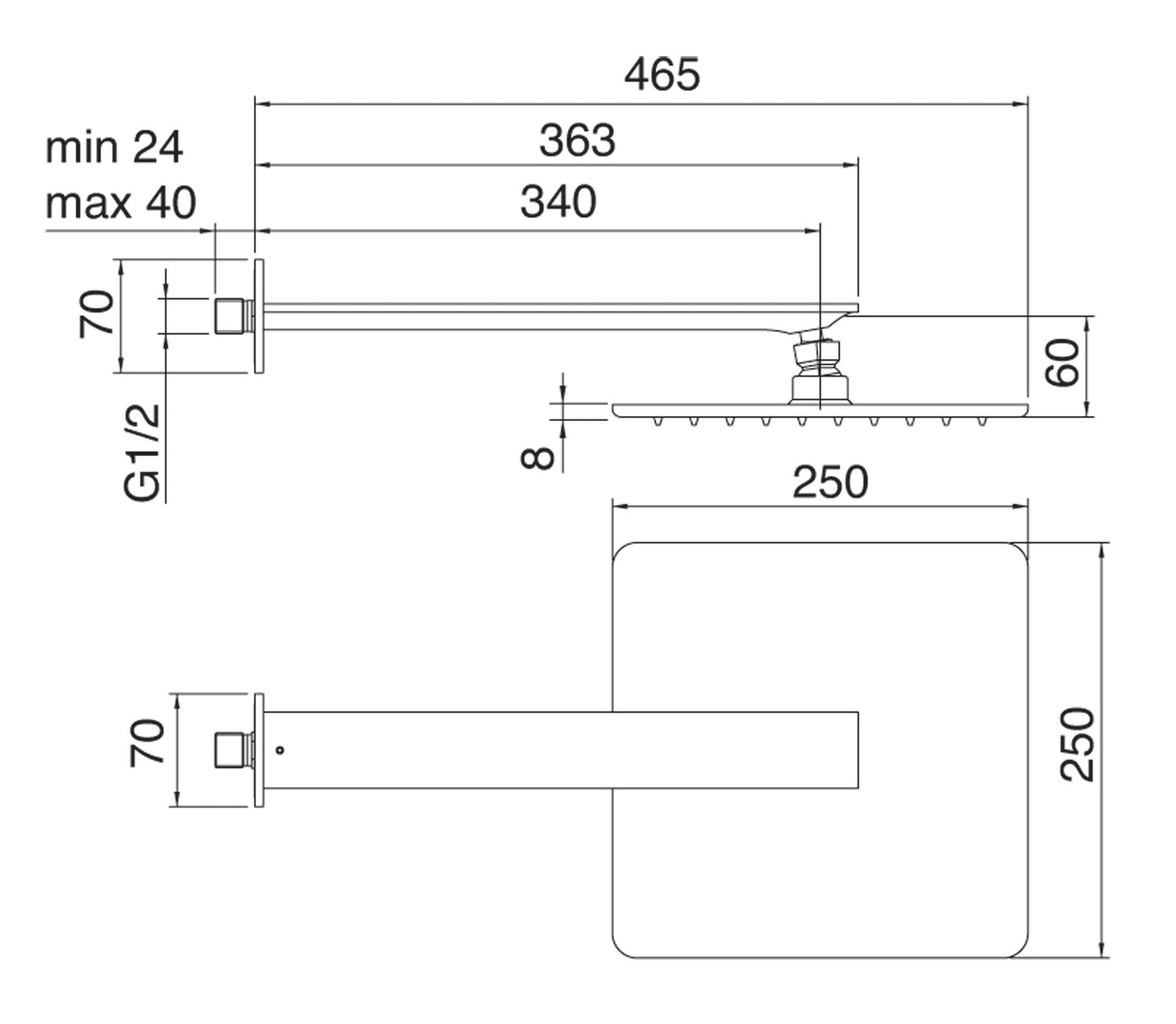 Rubinetterie Treemme Ran Soffione A Parete Quadro In Metallo Anticalcare 250x250 mm con Braccio Doccia Materiale Ottone Lunghezza 363 mm Finitura Cromata
