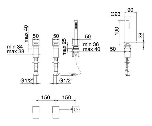 Rubinetterie Treemme 3M 5MM IT 2869 IS 5M ZZ Miscelatore Batteria Appoggio Bordo Vasca 3 Fori 1 Leva Senza Piastra Senza Bocca Con Doccetta In Acciaio Inox Estraibile Stile Moderno Materiale Acciaio INOX Finitura Acciaio Spazzolato