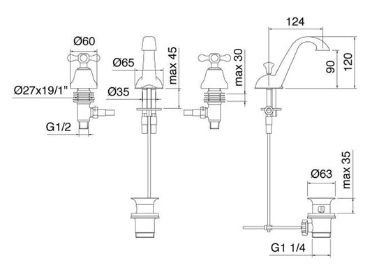 Rubinetterie Treemme 3M ROMANTICA IT 3610 CC PV ZZ Batteria Miscelatore Lavabo Tre Fori Con Piletta Di Scarico Automatico Materiale Ottone Finitura Cromata