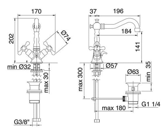 Rubinetterie Treemme 3M ROMANTICA IT 3618 CC PV ZZ Miscelatore Monoforo Lavabo Con Piletta Di Scarico Automatico Collo Girevole Da Appoggio Materiale Ottone Finitura Cromata