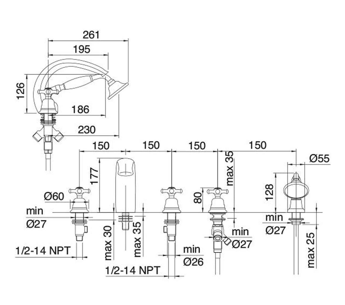 Rubinetterie Treemme 3M OLD ITALY IT 4406 CC OI ZZ Miscelatore Batteria Bordo Vasca 5 Fori Con Doccetta In Metallo Estraibile Materiale Ottone Finitura Cromata