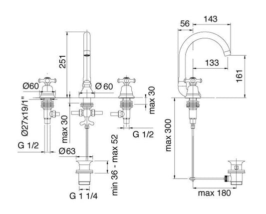 Rubinetterie Treemme 3M OLD ITALY IT 4416 CC OI ZZ Batteria Miscelatore Lavabo Tre Fori Con Piletta Di Scarico Automatico Materiale Ottone Finitura Cromata