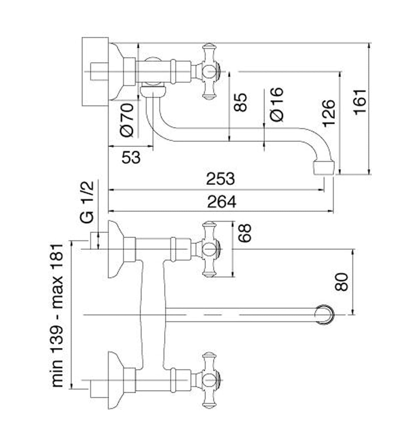 Rubinetterie Treemme KITCHEN - RETRO' Miscelatore Gruppo Lavello Cucina A Parete Stile Classico Con Bocca Girevole Materiale Ottone Finitura Cromata