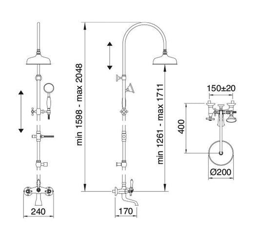 Rubinetterie Treemme 3M OLD ITALY IT 4483 CC OI ZZ Gruppo Colonna Vasca Attrezzata Multifunzione Miscelatore Meccanico Materiale Ottone Finitura Cromata Con Doccetta E Soffione Anticalcare In Metallo Ø 200 mm