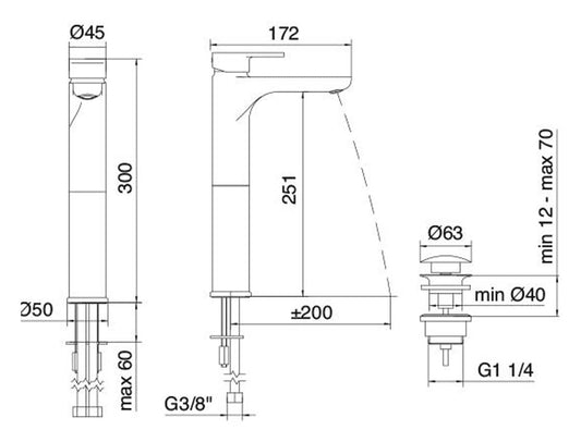 Rubinetterie Treemme 3M Contract ZIP IT 4912 CC KP ZZ Miscelatore Monocomando Monoforo Appoggio Lavabo 251 mm Con Piletta Di Scarico Click - Clack Stile Moderno Materiale Ottone Finitura Cromata