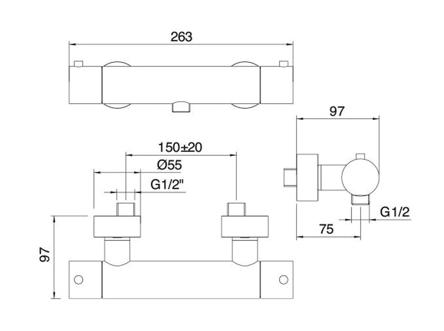 Rubinetterie Treemme SHOWERS & THERMOSTATICS Miscelatore Termostatico Esterno Doccia Materiale Ottone Finitura Cromata