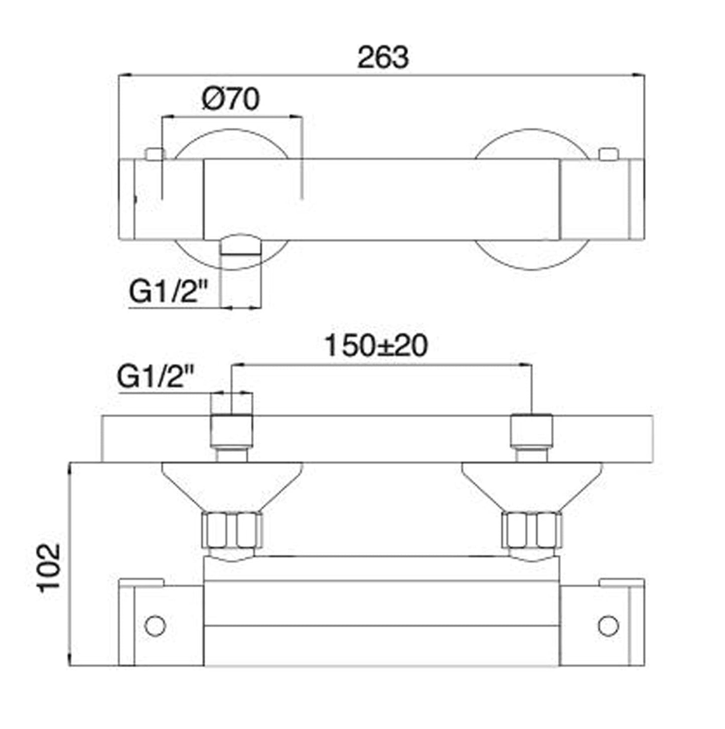 Rubinetterie Treemme 3M Contract Termo S + Showers IT 6456 CC DT ZZ Miscelatore Termostatico Esterno Doccia A Muro 2 Fori 2 Leve 1 Via Stile Moderno Materiale Ottone Finitura Cromata