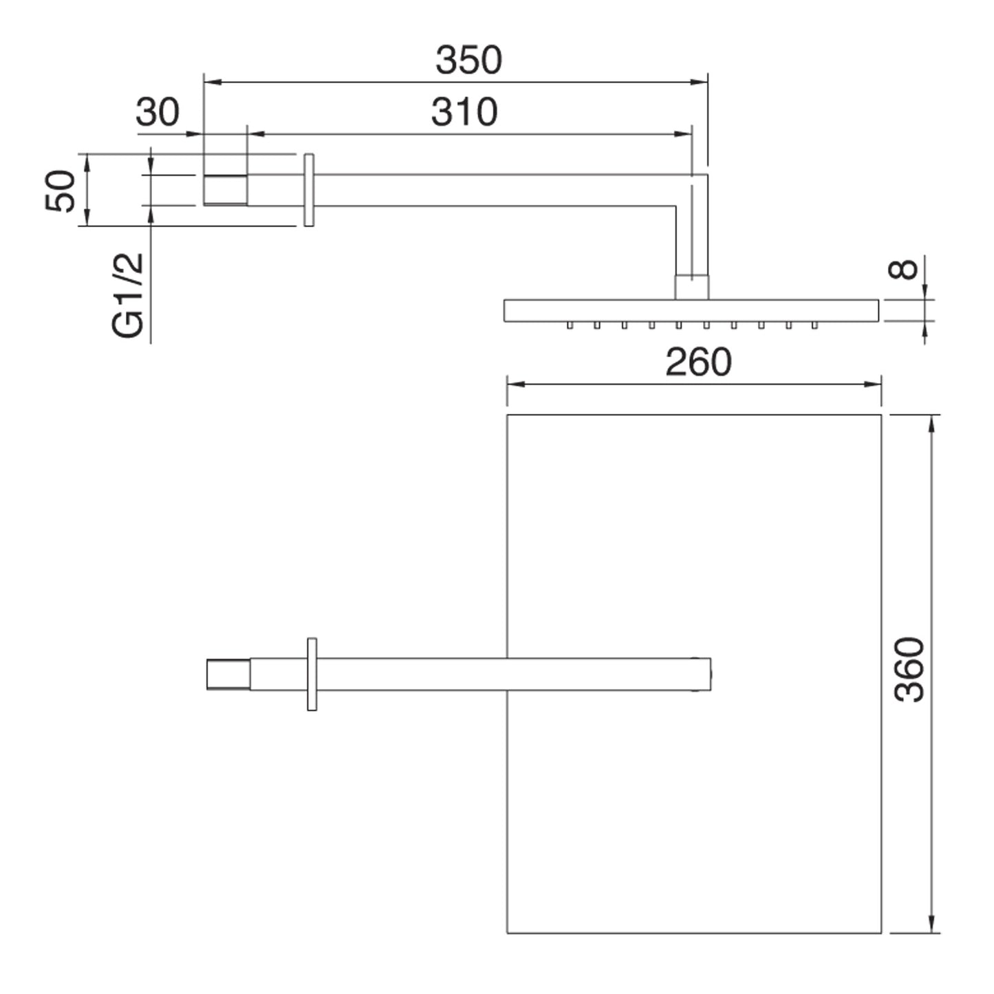 Soffione Doccia 360x260 mm Rettangolare A Parete Metallo Anticalcare Con Braccio Quadro Lunghezza 350 mm In Ottone Rubinetterie Treemme Arche' Finitura Cromata