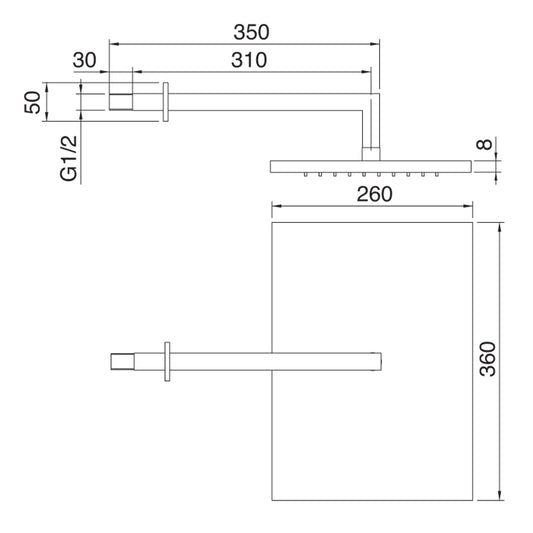 Soffione Doccia 360x260 mm Rettangolare A Parete Metallo Anticalcare Con Braccio Quadro Lunghezza 350 mm In Ottone Rubinetterie Treemme Arche' Finitura Cromata