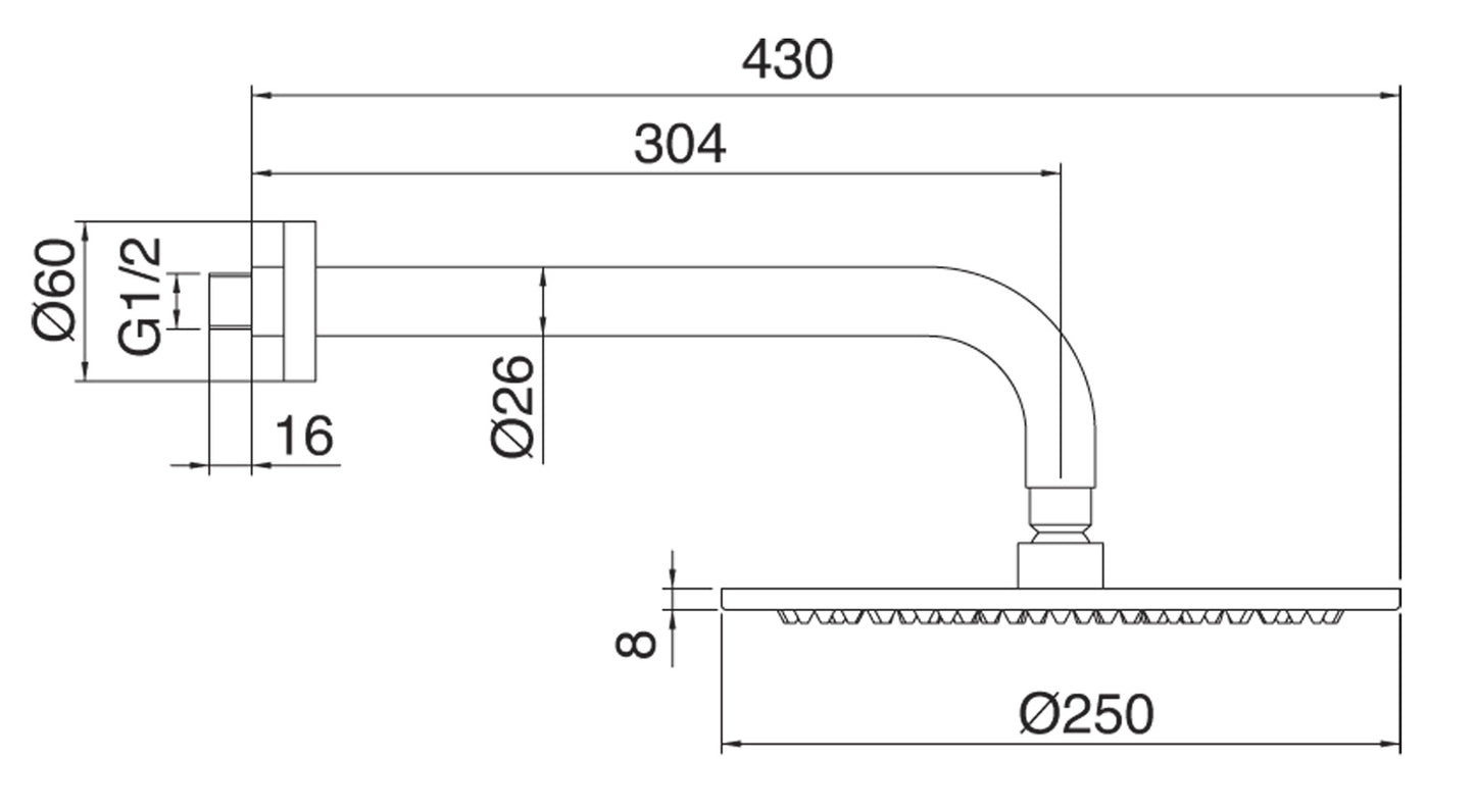 Soffione Tondo A Parete Anticalcare Ø 250 mm Con Braccio Doccia 304 mm Rubinetterie Treemme Nanotech Materiale Metallo Finitura Cromata