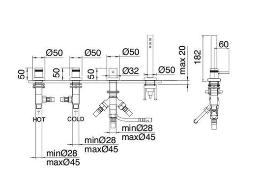 Rubinetterie Treemme X-CHANGE XR Miscelatore Batteria Bordo Vasca 4 Fori Senza Bocca Con Doccetta In Metallo Estraibile Materiale Ottone Finitura Cromata
