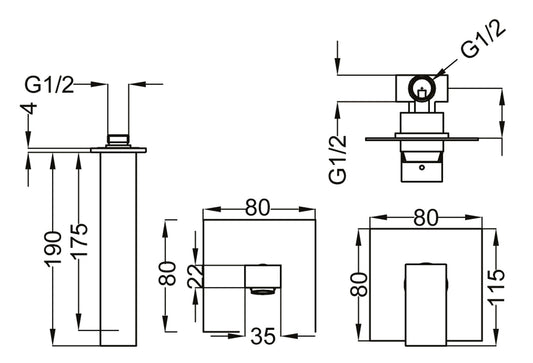 Batteria Lavabo Ad Incasso Duemmeggi Square Senza Piastra 190 mm 2 Fori a Muro Parete Senza Piletta di Scarico Monocomando 1 Leva Materiale Ottone Finitura Cromata Made in Italy Garanzia 5 Anni