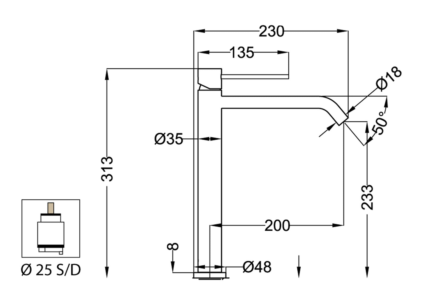 Miscelatore Lavabo Alto Senza Scarico Duemmeggi Round Ottone Finitura Cromata Lunghezza 230 mm Altezza 313 mm Made in Italy Garanzia 5 Anni