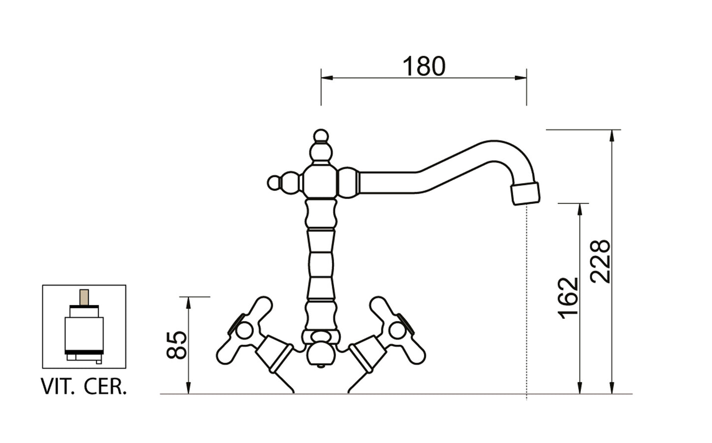 Miscelatore Monoforo Lavabo Piletta Scarico Automatico 1" 1/4" E Vitone Ceramico Duemmeggi Oxford Appoggio 1 Foro 2 Leve Manopole Stile Classico Lunghezza 180 mm Altezza 228 mm Materiale Ottone Finitura Cromata Made in Italy Garanzia 5 Anni