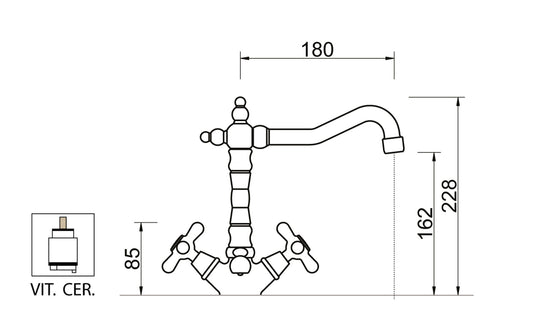 Miscelatore Monoforo Lavabo Piletta Scarico Automatico 1" 1/4" E Vitone Ceramico Duemmeggi Oxford Appoggio 1 Foro 2 Leve Manopole Stile Classico Lunghezza 180 mm Altezza 228 mm Materiale Ottone Finitura Cromata Made in Italy Garanzia 5 Anni