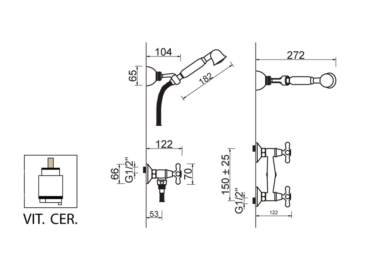 Gruppo Doccia Esterno Attacco 1/2" Con Duplex Set Doccia E Vitone Ceramico E Vitone Ceramico Duemmeggi Oxford Ottone Finitura Cromata