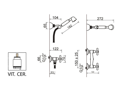 Gruppo Doccia Esterno Attacco 1/2" Con Duplex Set Doccia E Vitone Ceramico E Vitone Ceramico Duemmeggi Oxford Ottone Finitura Cromata