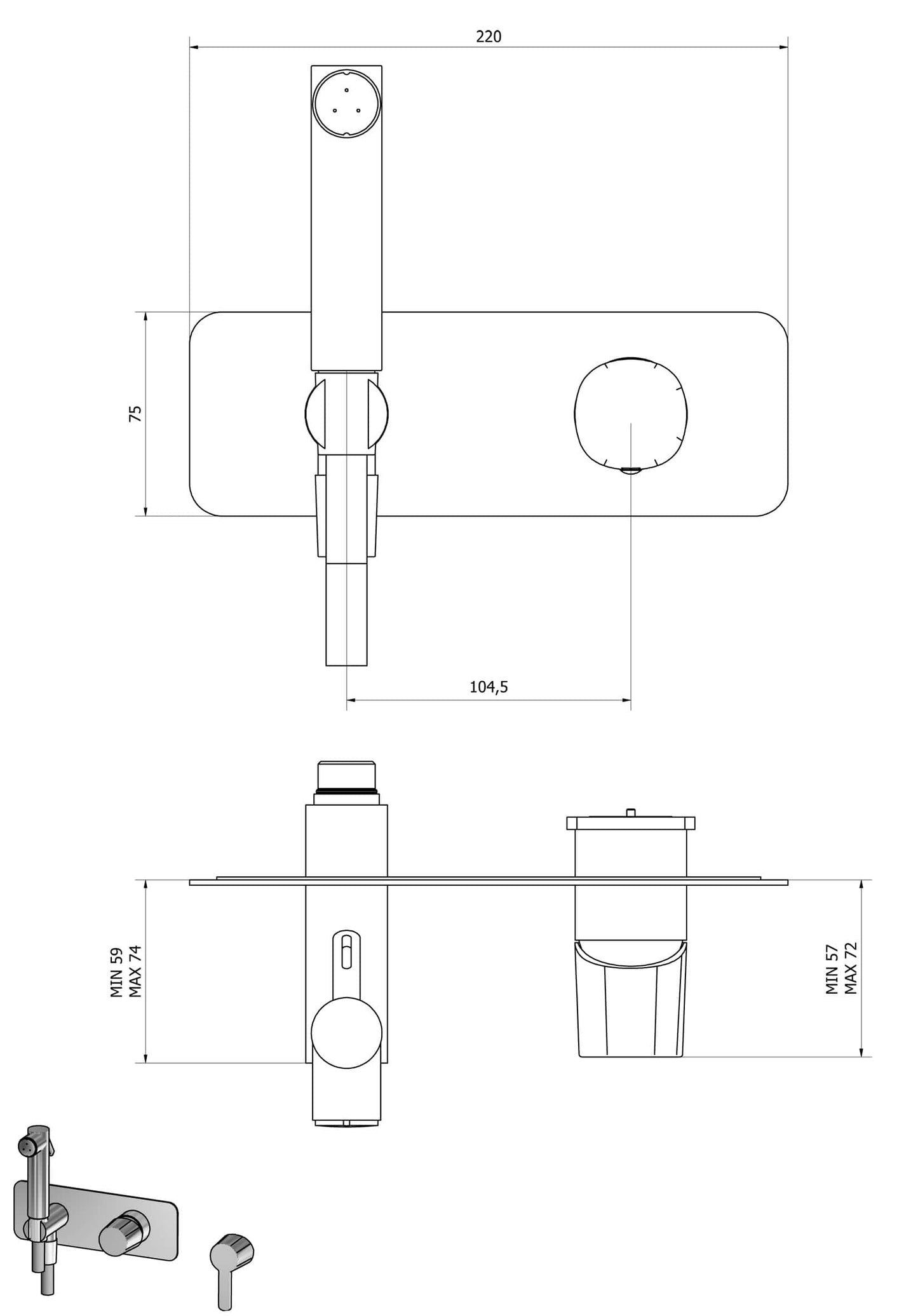 IB Rubinetti Taaac Set Di Parti Esterne e Corpo ad Incasso A Muro Con Piastra Per Idroscopino Igienico Con Miscelatore Per WC Materiale Ottone Finitura Cromata