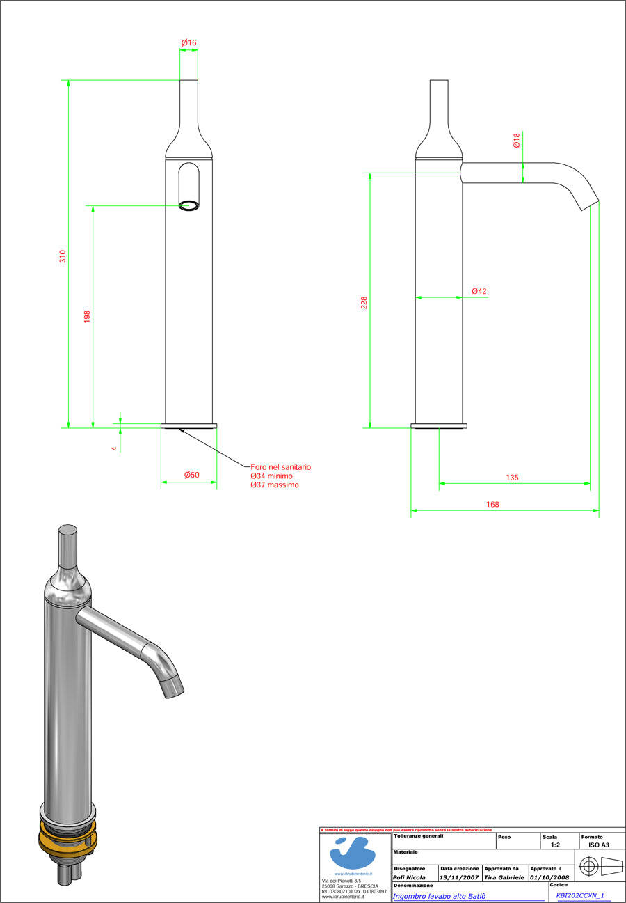 Miscelatore lavabo alto completo di piletta di scarico Click-Clack marca IB rubinetti modello Batlò rubinetteria rubinetto ottone cromato bagno