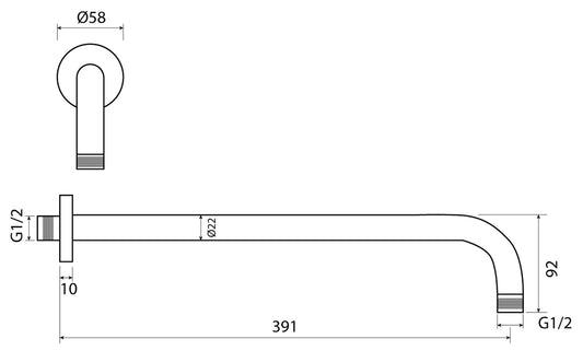 Duemmeggi Braccio Tondo Lusso Ø 22 Doccia 391 MM Installazione Muro Parete Materiale Ottone Finitura Cromata Made in Italy Garanzia 5 Anni