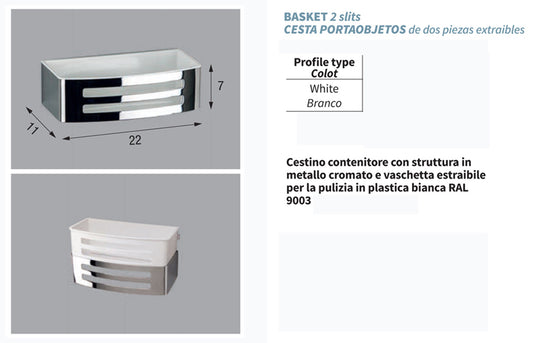 Novellini Cestino Sganciabile Metallo Cromato Vaschetta Contenitore Porta Oggetti Interna Plastica Bianco 22x7x11 cm